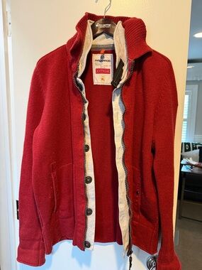 Parajumpers Men's Zip-Up Knit Jacket in Red with Cream Trim